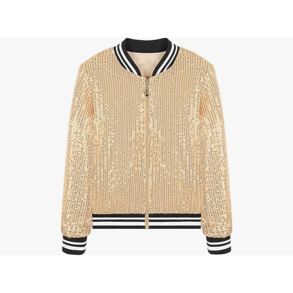NEW Gold Girls Sequin Bomber Sparkle Zipper Pockets Jacket 8 Yrs